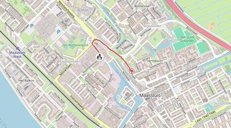 Kaart van de omgeving van de melding, met de kazerne die is gealarmeerd