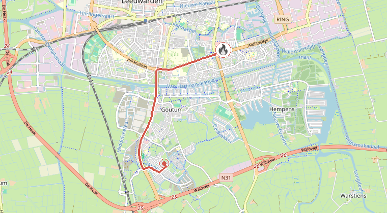 Kaart van de omgeving van de melding, met de kazerne die is gealarmeerd