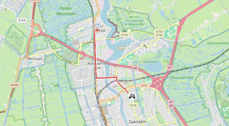 Kaart van de omgeving van de melding, met de kazerne die is gealarmeerd