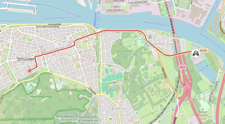 Kaart van de omgeving van de melding, met de kazerne die is gealarmeerd