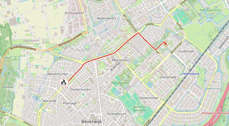 Kaart van de omgeving van de melding, met de kazerne die is gealarmeerd