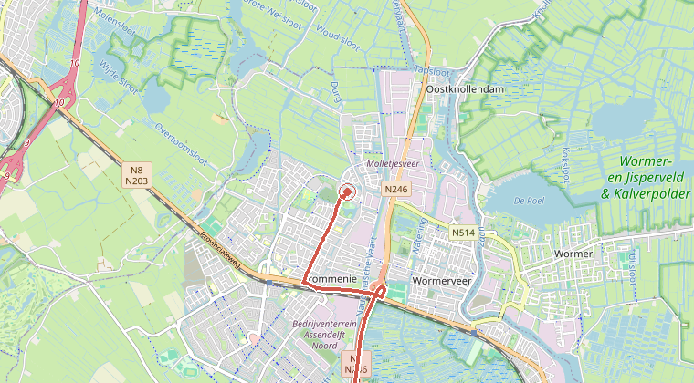Kaart van de omgeving van de melding, met de kazerne die is gealarmeerd