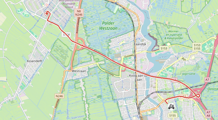 Kaart van de omgeving van de melding, met de kazerne die is gealarmeerd