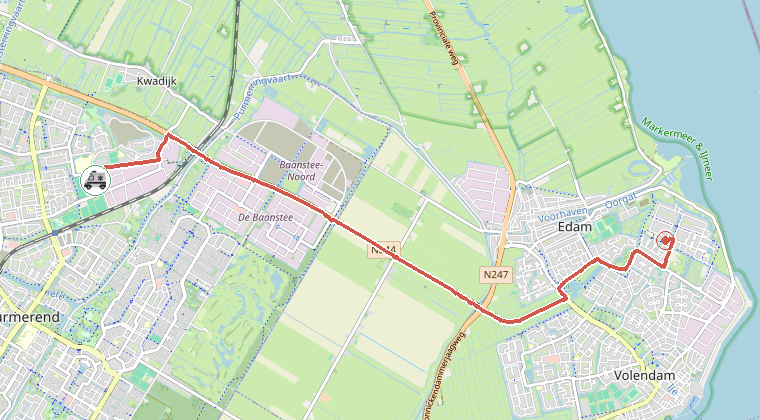 Kaart van de omgeving van de melding, met de kazerne die is gealarmeerd
