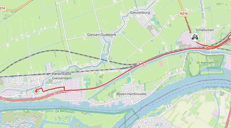 Kaart van de omgeving van de melding, met de kazerne die is gealarmeerd
