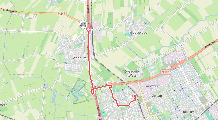 Kaart van de omgeving van de melding, met de kazerne die is gealarmeerd