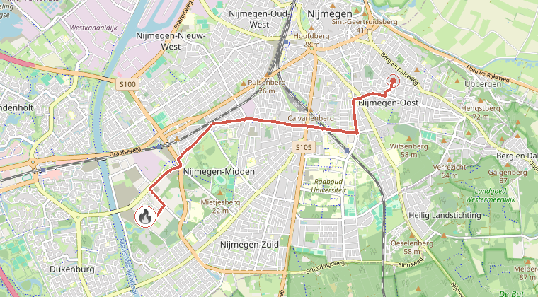 Kaart van de omgeving van de melding, met de kazerne die is gealarmeerd