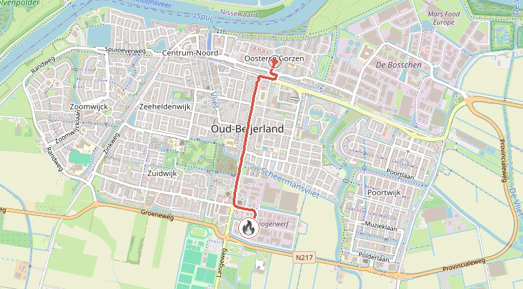 Kaart van de omgeving van de melding, met de kazerne die is gealarmeerd