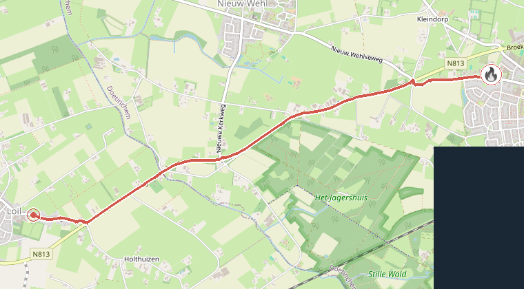 Kaart van de omgeving van de melding, met de kazerne die is gealarmeerd