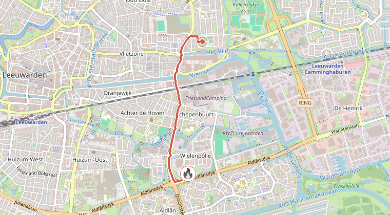 Kaart van de omgeving van de melding, met de kazerne die is gealarmeerd