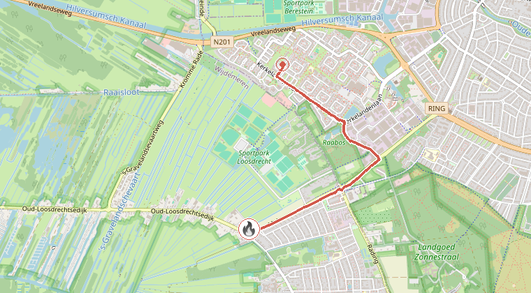 Kaart van de omgeving van de melding, met de kazerne die is gealarmeerd