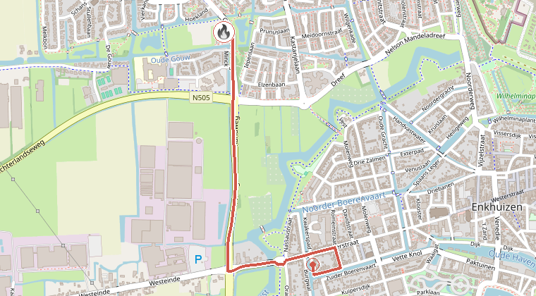 Kaart van de omgeving van de melding, met de kazerne die is gealarmeerd