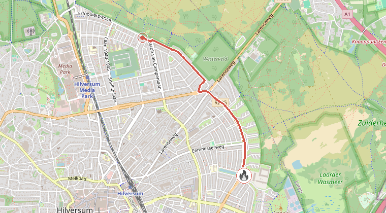 Kaart van de omgeving van de melding, met de kazerne die is gealarmeerd