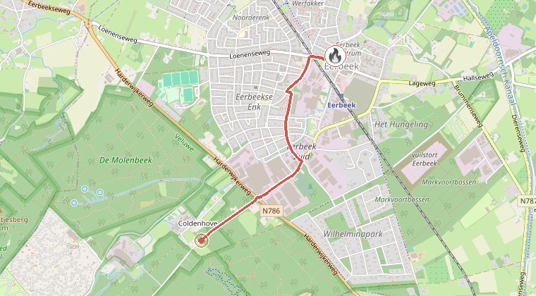 Kaart van de omgeving van de melding, met de kazerne die is gealarmeerd