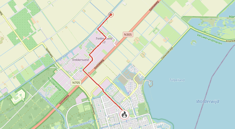 Kaart van de omgeving van de melding, met de kazerne die is gealarmeerd