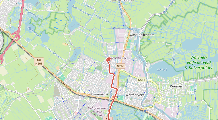 Kaart van de omgeving van de melding, met de kazerne die is gealarmeerd
