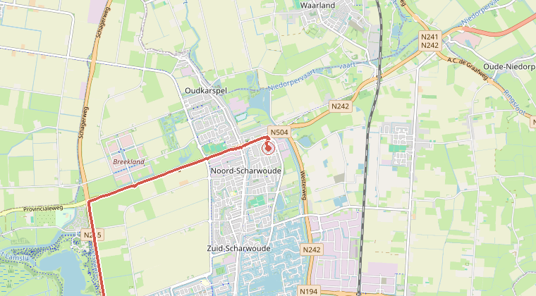 Kaart van de omgeving van de melding, met de kazerne die is gealarmeerd