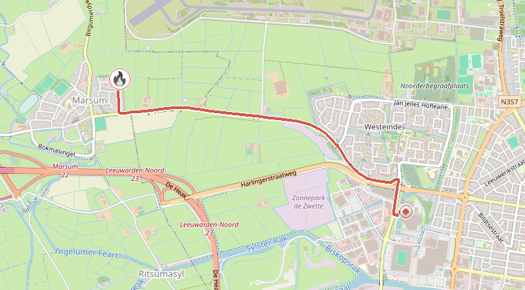 Kaart van de omgeving van de melding, met de kazerne die is gealarmeerd