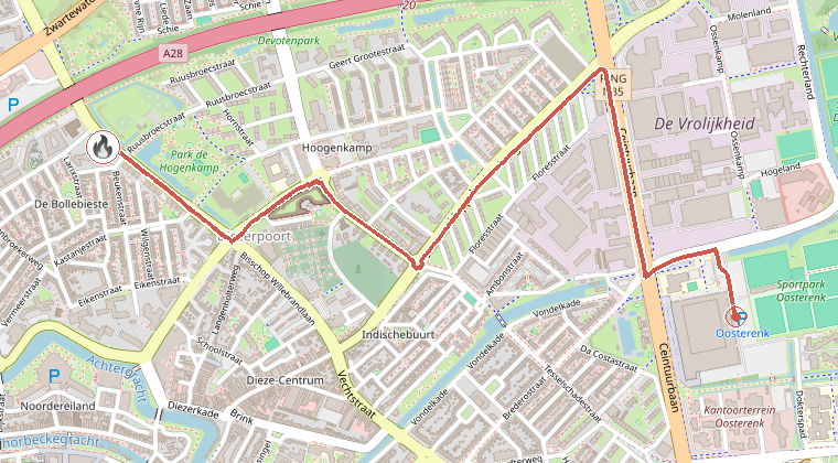 Kaart van de omgeving van de melding, met de kazerne die is gealarmeerd