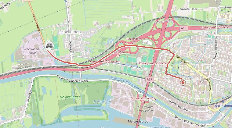 Kaart van de omgeving van de melding, met de kazerne die is gealarmeerd