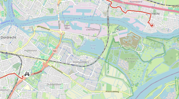 Kaart van de omgeving van de melding, met de kazerne die is gealarmeerd