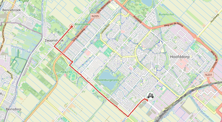 Kaart van de omgeving van de melding, met de kazerne die is gealarmeerd