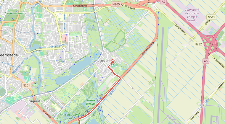 Kaart van de omgeving van de melding, met de kazerne die is gealarmeerd