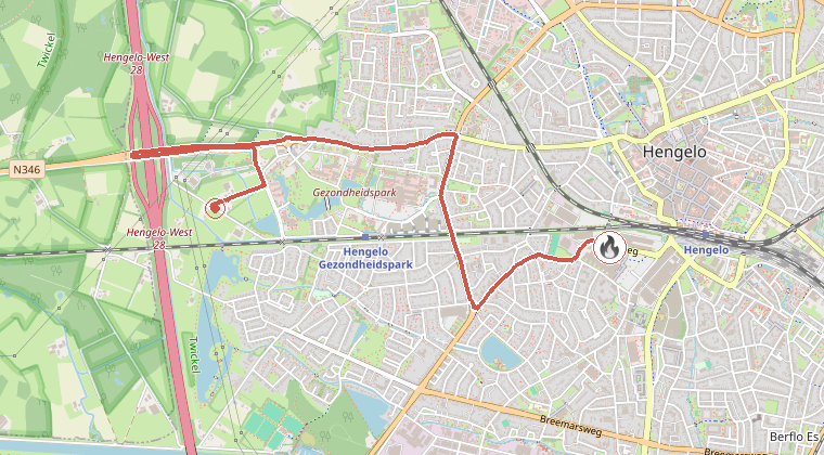 Kaart van de omgeving van de melding, met de kazerne die is gealarmeerd