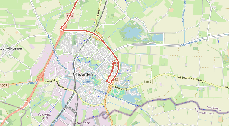 Kaart van de omgeving van de melding, met de kazerne die is gealarmeerd