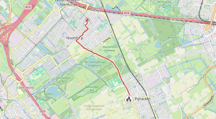 Kaart van de omgeving van de melding, met de kazerne die is gealarmeerd