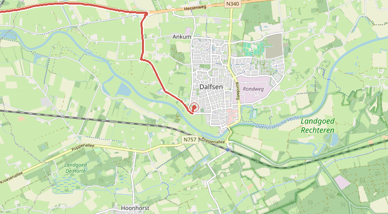 Kaart van de omgeving van de melding, met de kazerne die is gealarmeerd