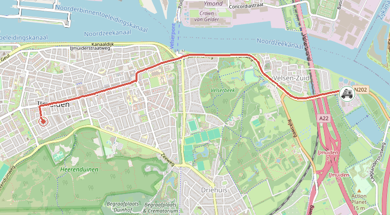 Kaart van de omgeving van de melding, met de kazerne die is gealarmeerd