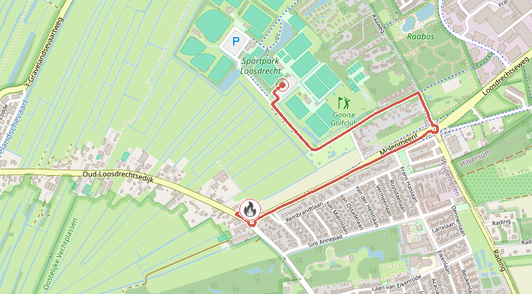 Kaart van de omgeving van de melding, met de kazerne die is gealarmeerd