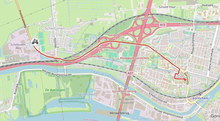 Kaart van de omgeving van de melding, met de kazerne die is gealarmeerd