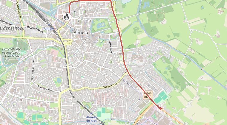 Kaart van de omgeving van de melding, met de kazerne die is gealarmeerd