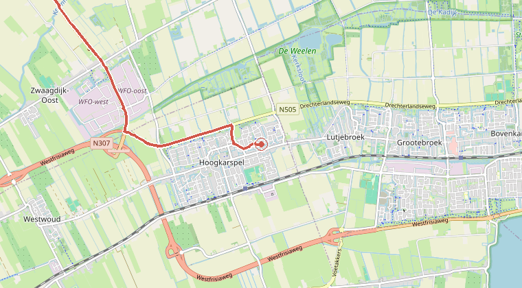 Kaart van de omgeving van de melding, met de kazerne die is gealarmeerd