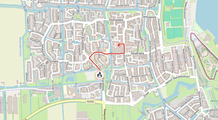 Kaart van de omgeving van de melding, met de kazerne die is gealarmeerd
