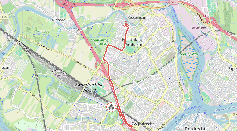 Kaart van de omgeving van de melding, met de kazerne die is gealarmeerd