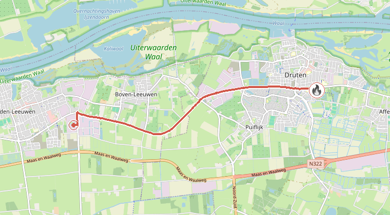 Kaart van de omgeving van de melding, met de kazerne die is gealarmeerd