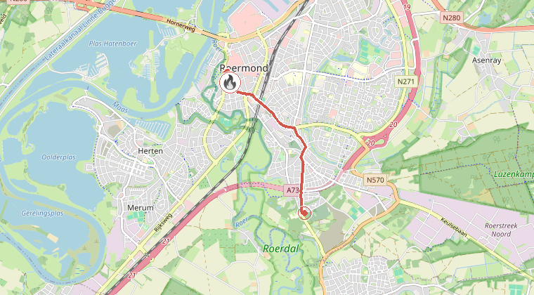 Kaart van de omgeving van de melding, met de kazerne die is gealarmeerd