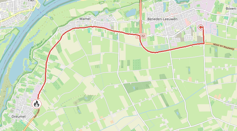 Kaart van de omgeving van de melding, met de kazerne die is gealarmeerd