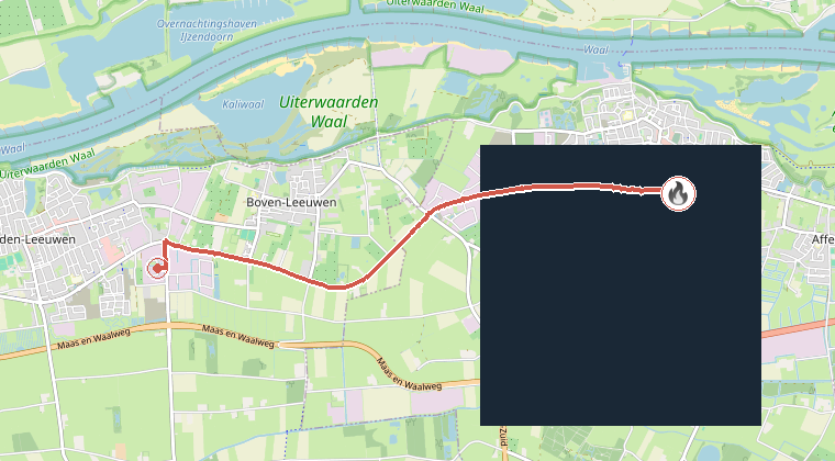 Kaart van de omgeving van de melding, met de kazerne die is gealarmeerd