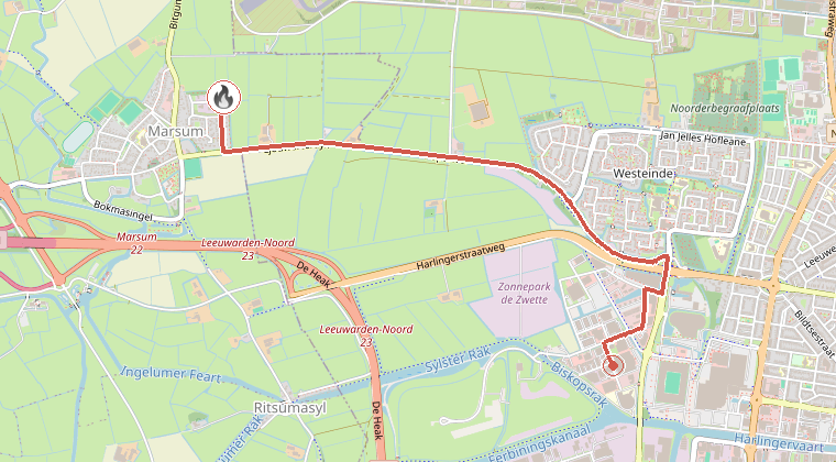 Kaart van de omgeving van de melding, met de kazerne die is gealarmeerd
