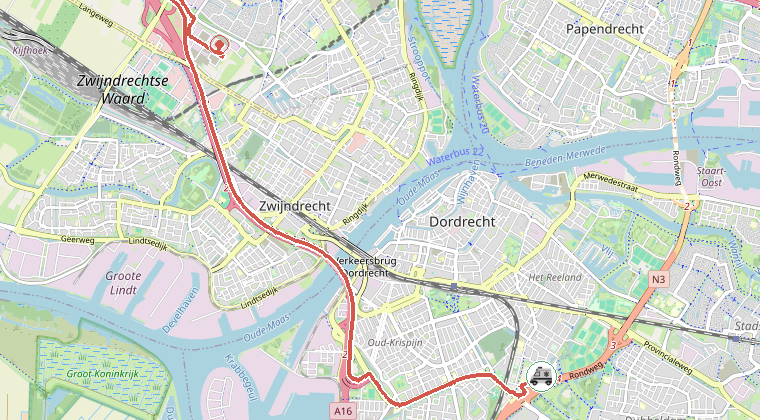 Kaart van de omgeving van de melding, met de kazerne die is gealarmeerd