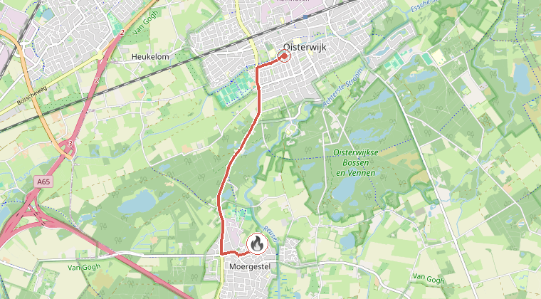 Kaart van de omgeving van de melding, met de kazerne die is gealarmeerd