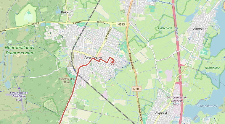 Kaart van de omgeving van de melding, met de kazerne die is gealarmeerd