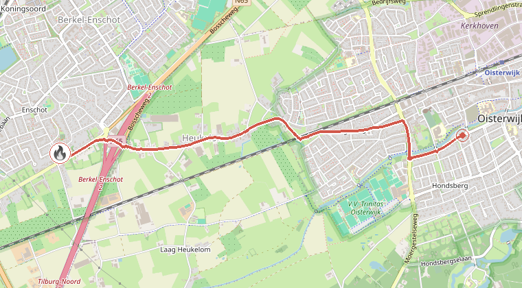 Kaart van de omgeving van de melding, met de kazerne die is gealarmeerd