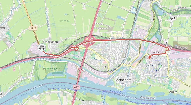 Kaart van de omgeving van de melding, met de kazerne die is gealarmeerd