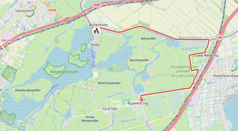 Kaart van de omgeving van de melding, met de kazerne die is gealarmeerd