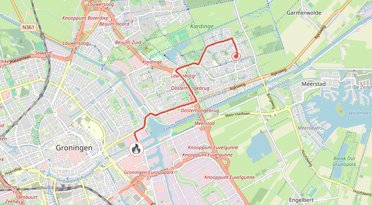 Kaart van de omgeving van de melding, met de kazerne die is gealarmeerd